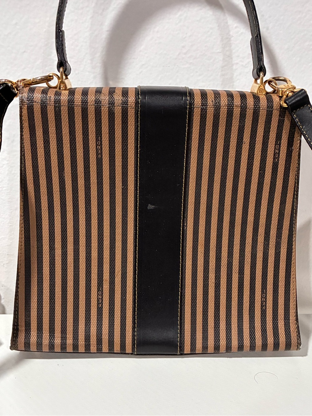 Fendi Pequin Vintage Top Handle Black Brown Striped Crossbody Bag - Picture 6 of 8